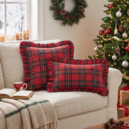 Ruffled Christmas Plaid Pillow Covers - Red Green Plaid