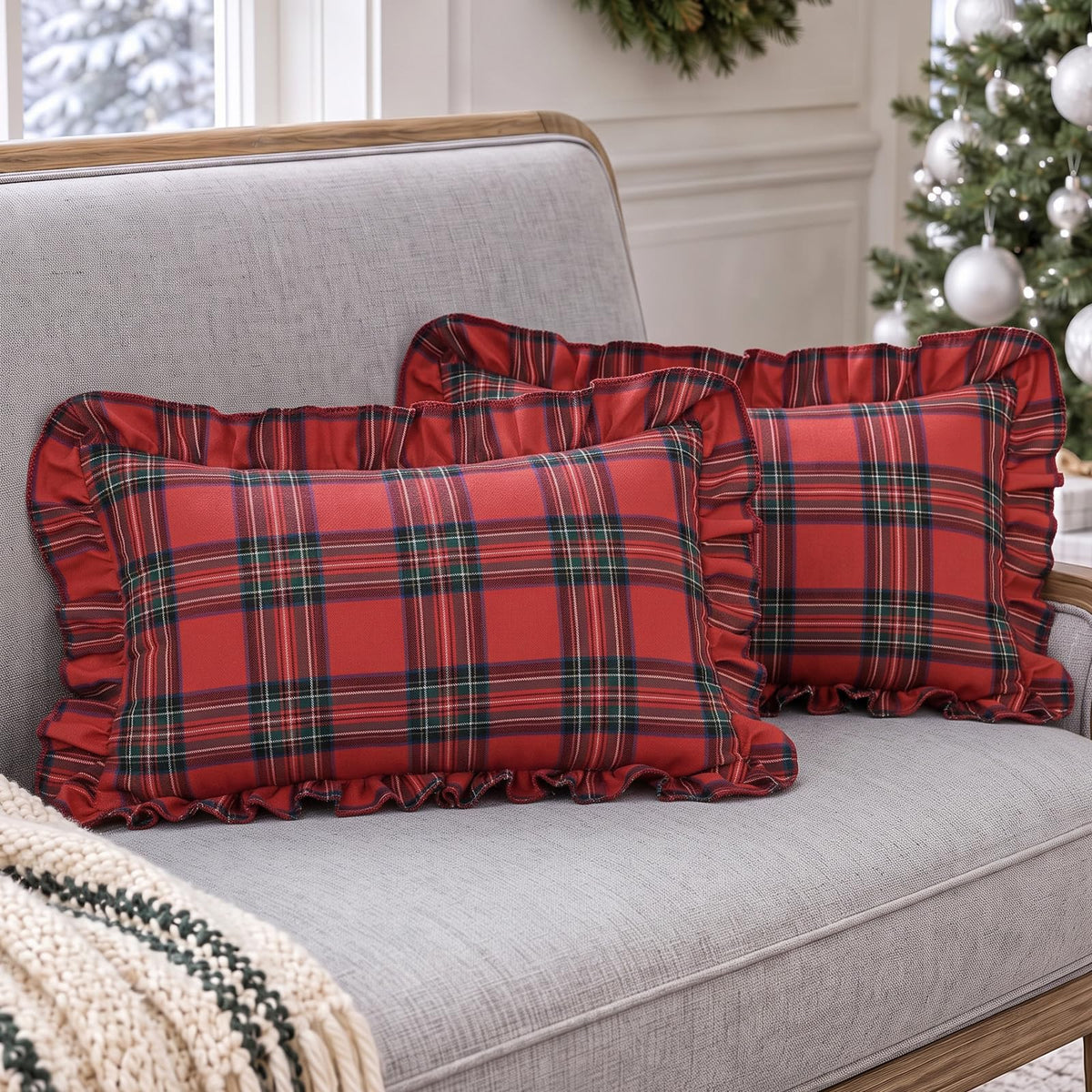 Ruffled Christmas Plaid Pillow Covers - Red Green Plaid