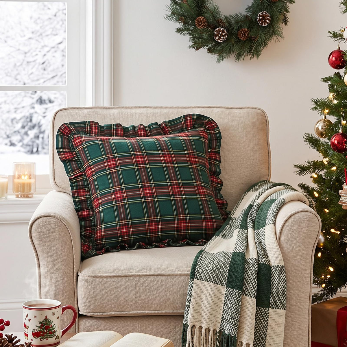 Ruffled Christmas Plaid Pillow Covers - Dark Green Plaid