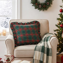 Ruffled Christmas Plaid Pillow Covers - Dark Green Plaid
