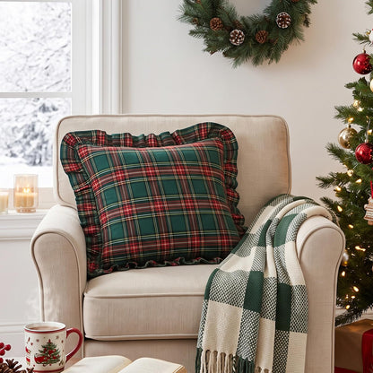 Ruffled Christmas Plaid Pillow Covers - Dark Green Plaid