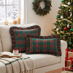 Ruffled Christmas Plaid Pillow Covers - Dark Green Plaid