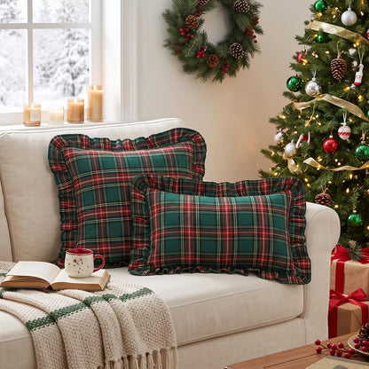 Ruffled Christmas Plaid Pillow Covers - Dark Green Plaid