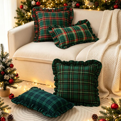Ruffled Christmas Plaid Pillow Covers - Dark Green Plaid