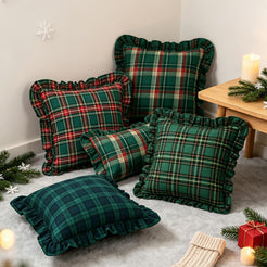 Ruffled Christmas Plaid Pillow Covers - Dark Green Plaid