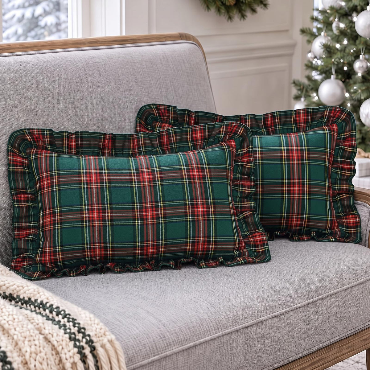 Ruffled Christmas Plaid Pillow Covers - Dark Green Plaid
