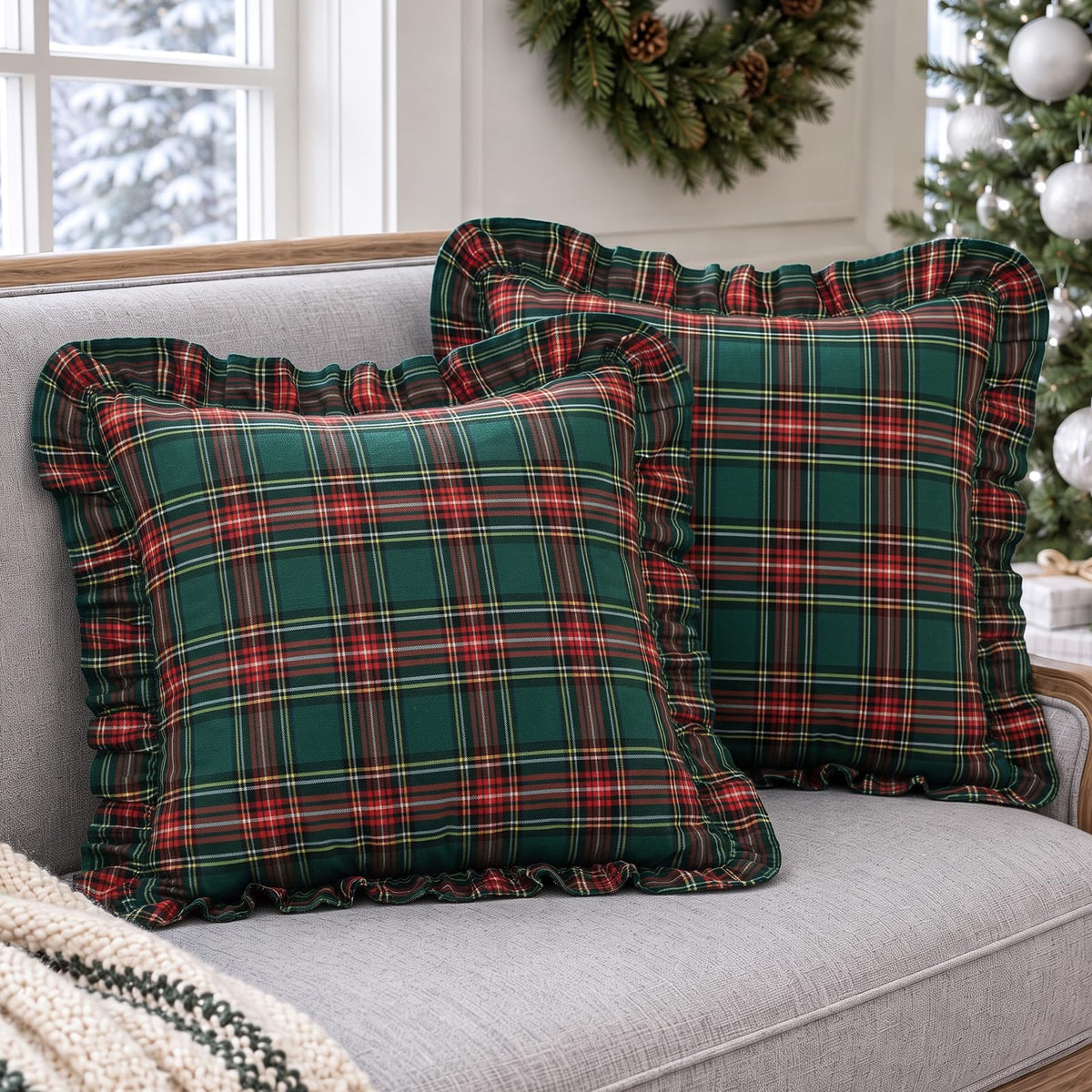 Ruffled Christmas Plaid Pillow Covers - Dark Green Plaid