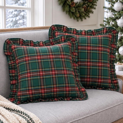 Ruffled Christmas Plaid Pillow Covers - Dark Green Plaid