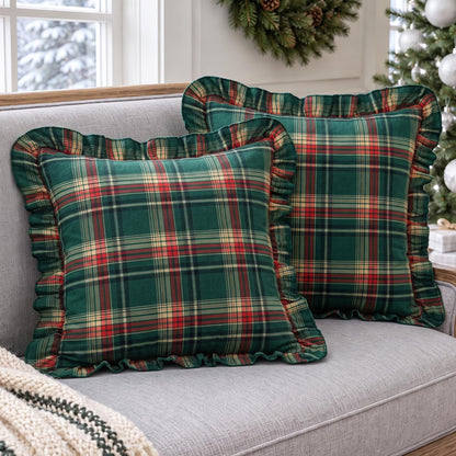 Ruffled Christmas Plaid Pillow Covers - Green Red Yellow Plaid