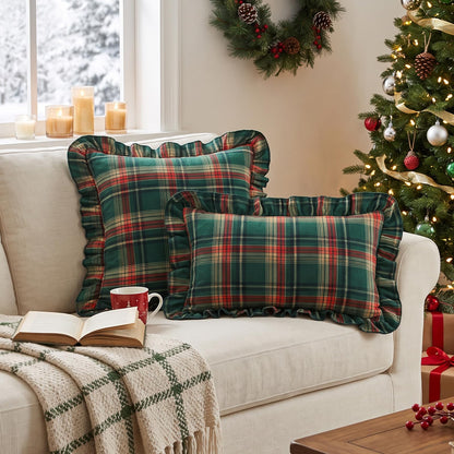 Ruffled Christmas Plaid Pillow Covers - Green Red Yellow Plaid