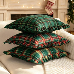 Ruffled Christmas Plaid Pillow Covers - Green Red Yellow Plaid