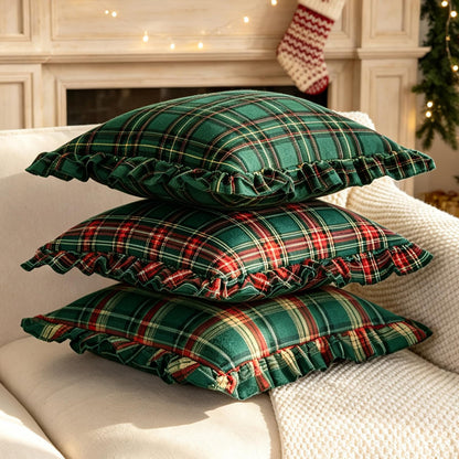 Ruffled Christmas Plaid Pillow Covers - Green Red Yellow Plaid
