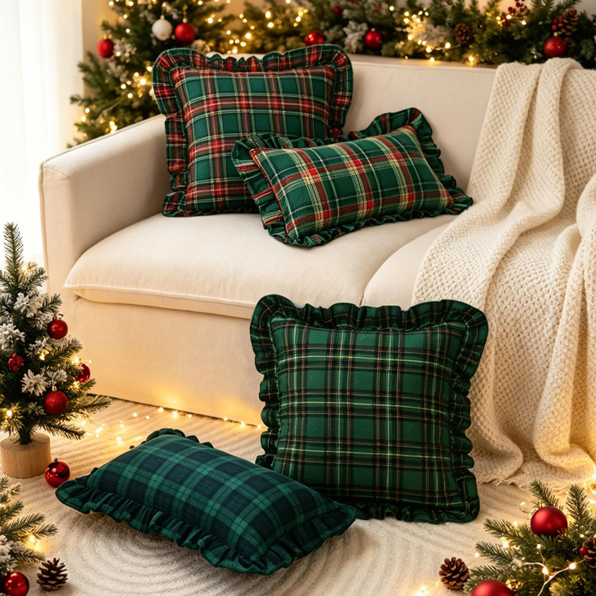 Ruffled Christmas Plaid Pillow Covers - Green Red Yellow Plaid