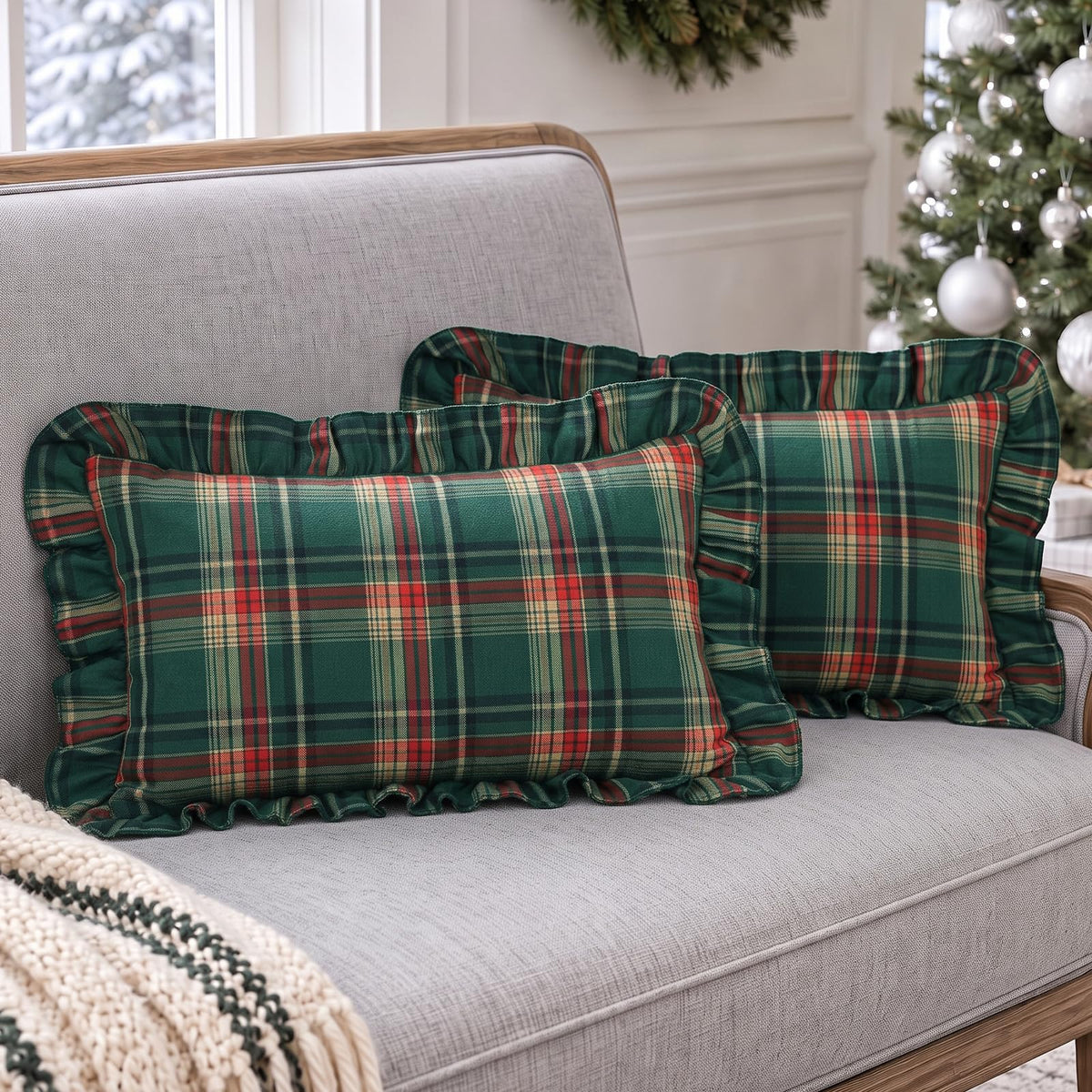 Ruffled Christmas Plaid Pillow Covers - Green Red Yellow Plaid