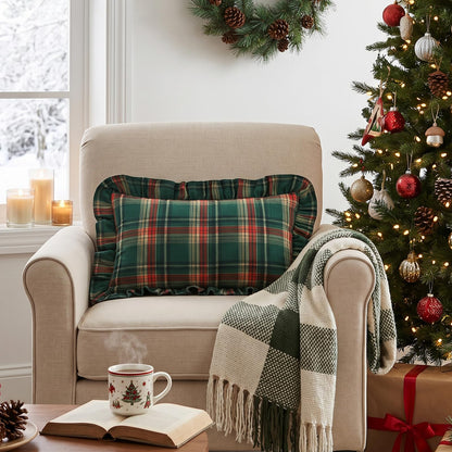 Ruffled Christmas Plaid Pillow Covers - Green Red Yellow Plaid