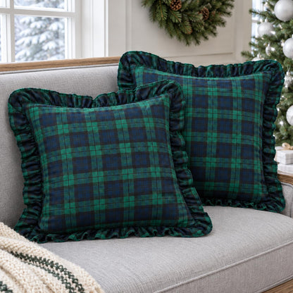 Ruffled Christmas Plaid Pillow Covers - Navy Green Plaid