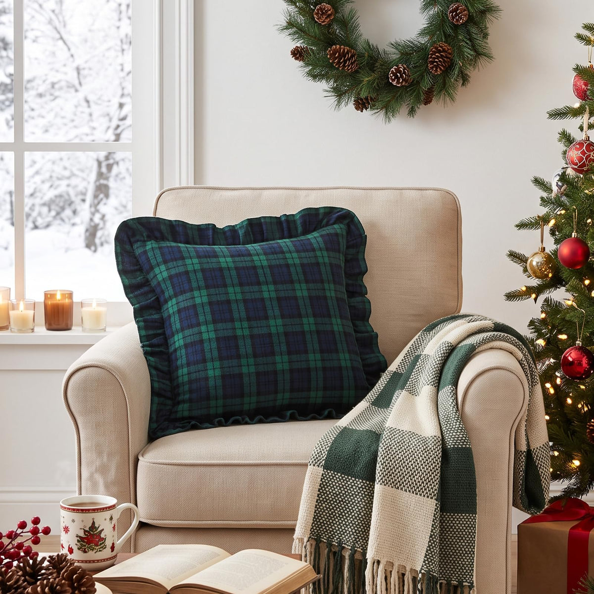 Ruffled Christmas Plaid Pillow Covers - Navy Green Plaid