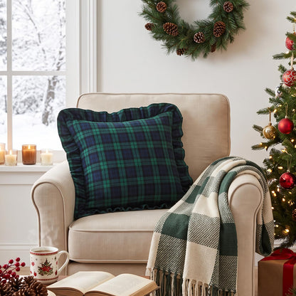 Ruffled Christmas Plaid Pillow Covers - Navy Green Plaid