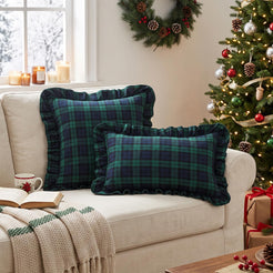 Ruffled Christmas Plaid Pillow Covers - Navy Green Plaid