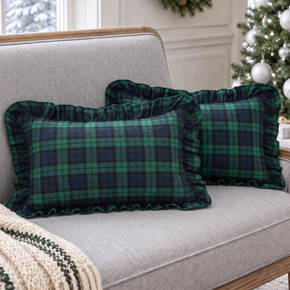 Ruffled Christmas Plaid Pillow Covers - Navy Green Plaid