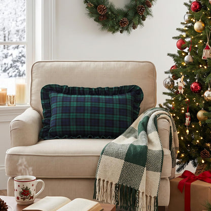 Ruffled Christmas Plaid Pillow Covers - Navy Green Plaid