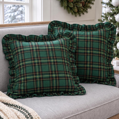 Ruffled Christmas Plaid Pillow Covers - Pine Green Plaid