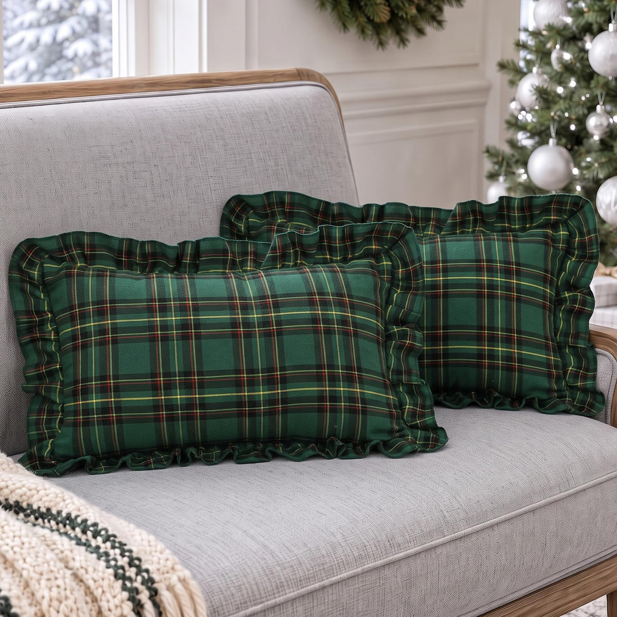 Ruffled Christmas Plaid Pillow Covers - Pine Green Plaid