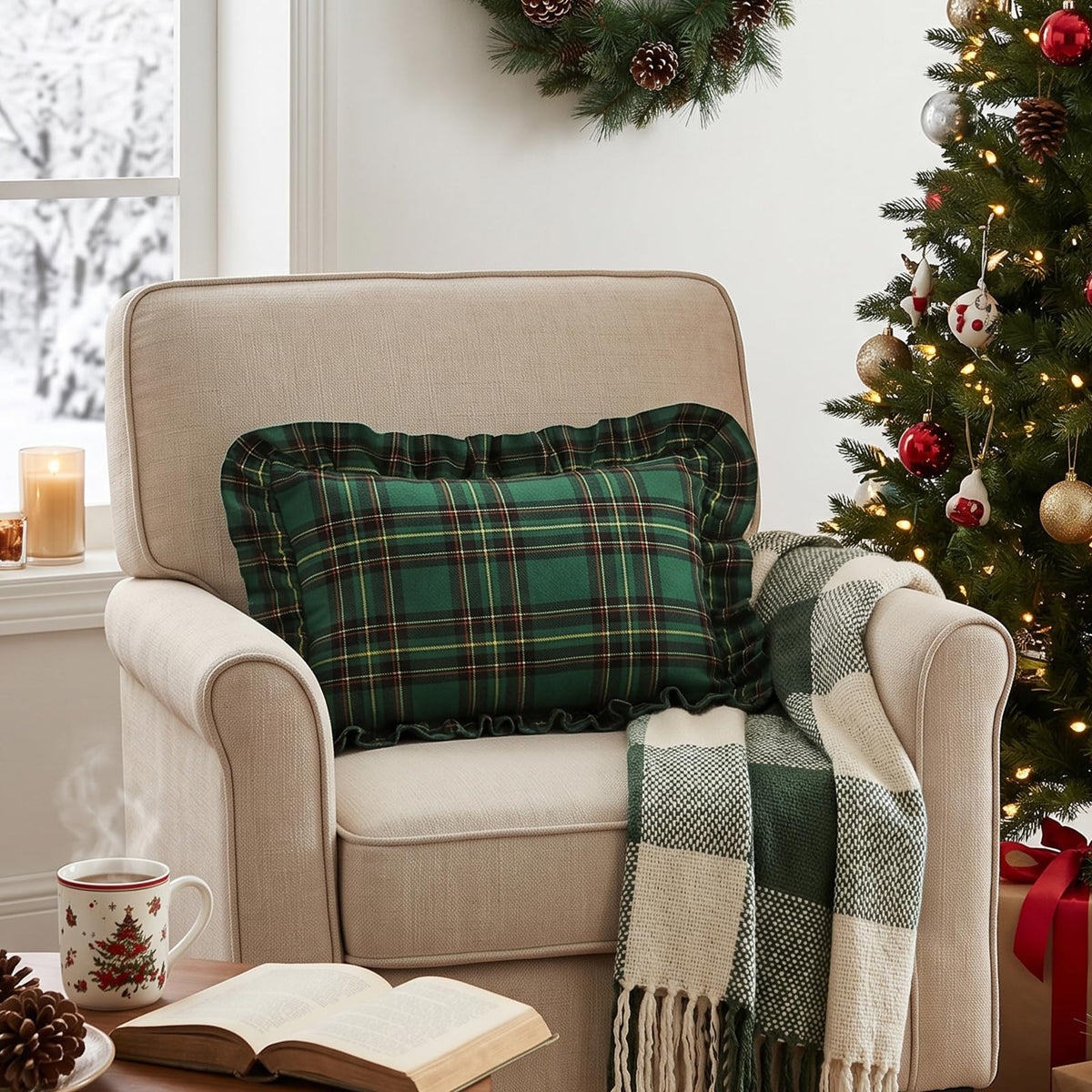 Ruffled Christmas Plaid Pillow Covers - Pine Green Plaid