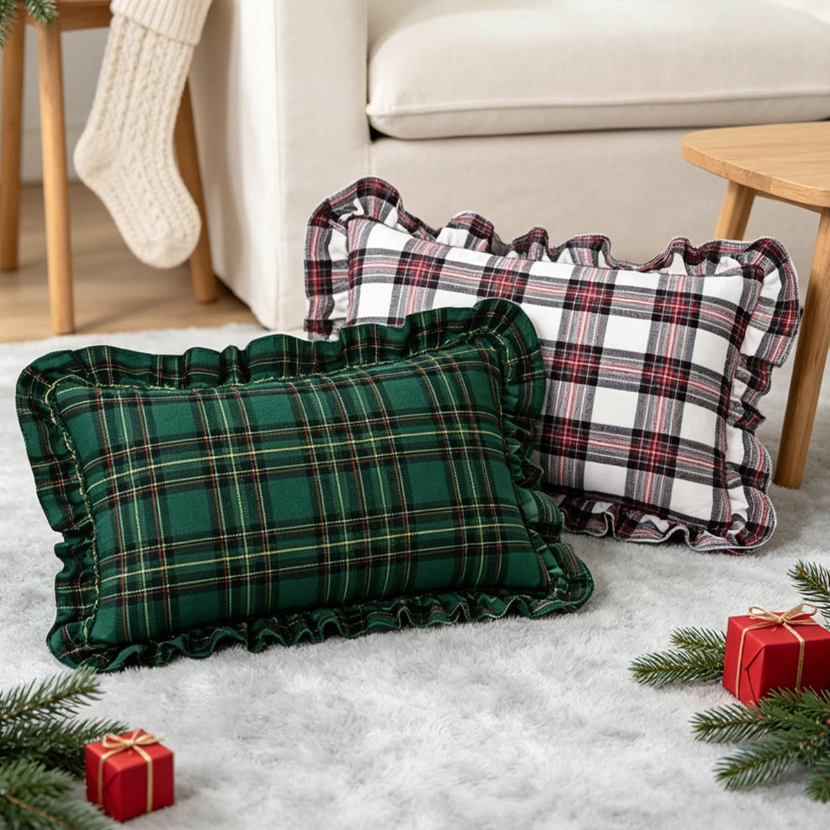 Ruffled Christmas Plaid Pillow Covers - Pine Green Plaid