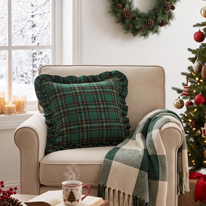 Ruffled Christmas Plaid Pillow Covers - Pine Green Plaid