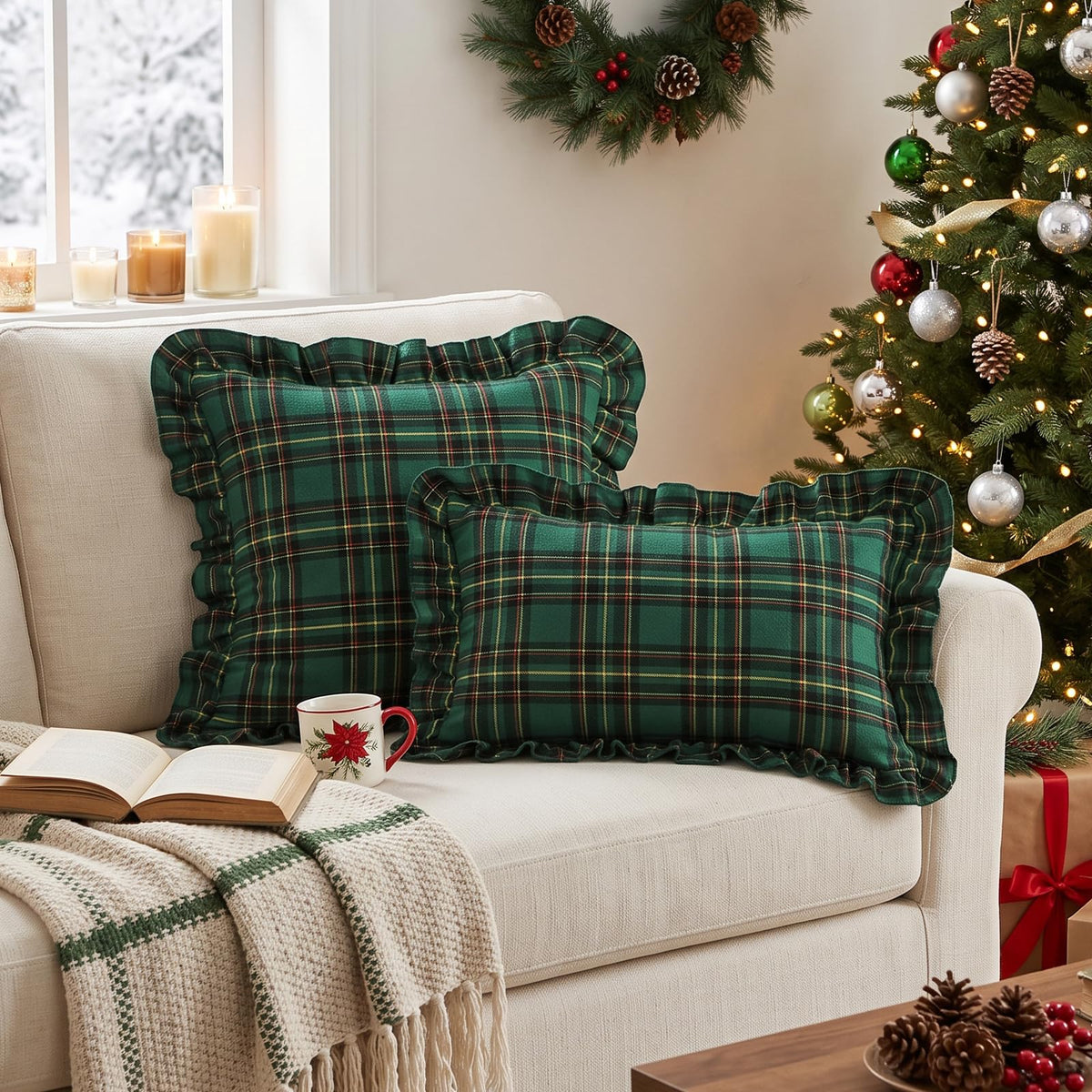 Ruffled Christmas Plaid Pillow Covers - Pine Green Plaid