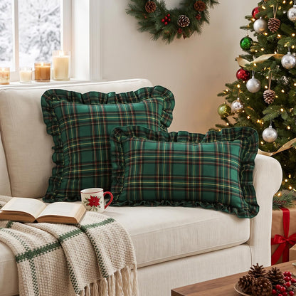 Ruffled Christmas Plaid Pillow Covers - Pine Green Plaid