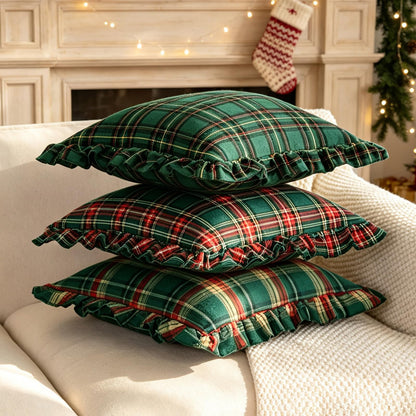 Ruffled Christmas Plaid Pillow Covers - Pine Green Plaid
