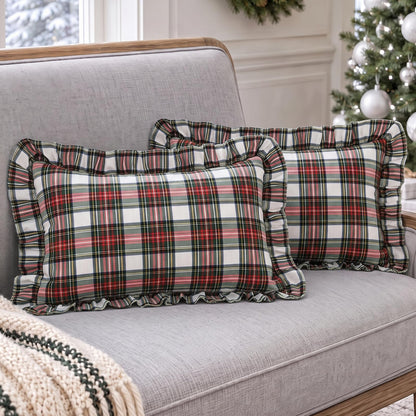 Ruffled Christmas Plaid Pillow Covers - White Red Plaid