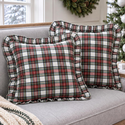 Ruffled Christmas Plaid Pillow Covers - White Red Plaid