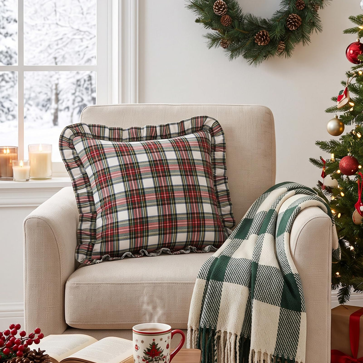 Ruffled Christmas Plaid Pillow Covers - White Red Plaid