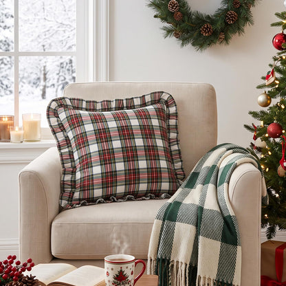 Ruffled Christmas Plaid Pillow Covers - White Red Plaid