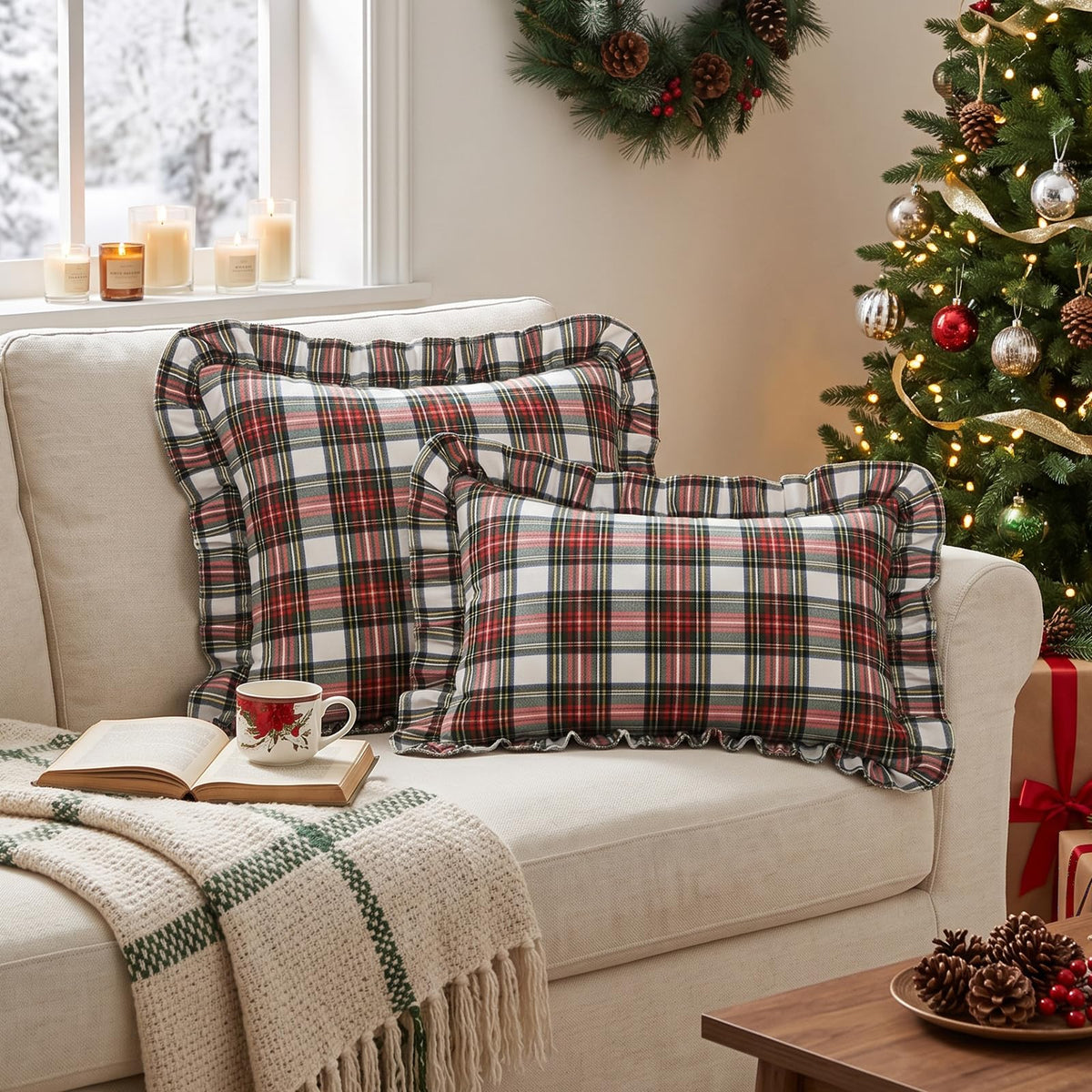 Ruffled Christmas Plaid Pillow Covers - White Red Plaid