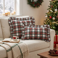 Ruffled Christmas Plaid Pillow Covers - White Red Plaid