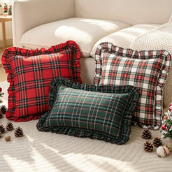 Ruffled Christmas Plaid Pillow Covers - White Red Plaid