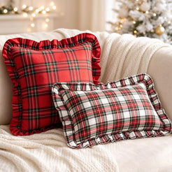Ruffled Christmas Plaid Pillow Covers - White Red Plaid